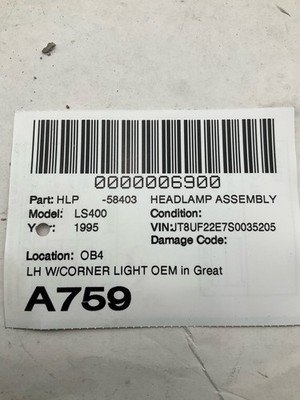 1995-1997 LEXUS LS400 Headlight Assembly Left Driver Side with Corner Light OEM - Image 7