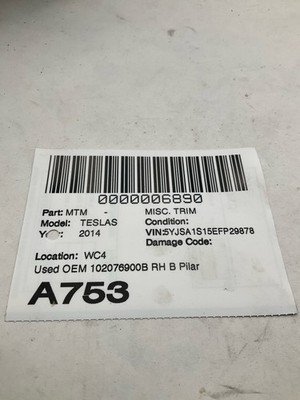 2012-2016 TESLA S B Pillar Trim Panel Right Passenger OEM 102076900B - Image 10