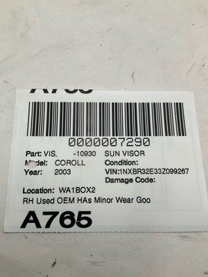 2003-2005 TOYOTA COROLLA Sun Visor Right Passenger with Mirror OEM - Image 7