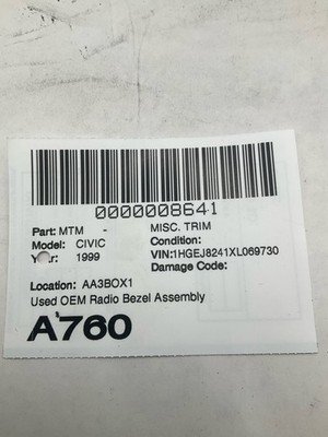 1996-2000 HONDA CIVIC Radio Bezel Trim Assembly with Vents OEM 77251501AZ - Image 16