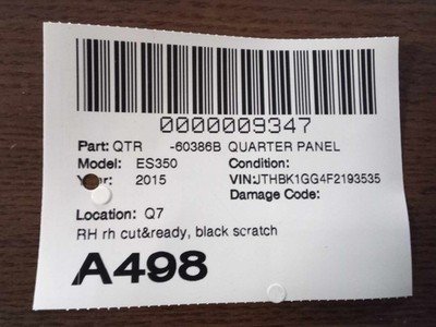 2013-2018 LEXUS ES350 Quarter Panel Right Passenger Cut & Ready Black OEM - Image 11