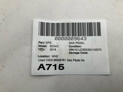 2016 CHEVY SONIC Gas Accelerator Pedal Assembly OEM 96858781 - Image 7