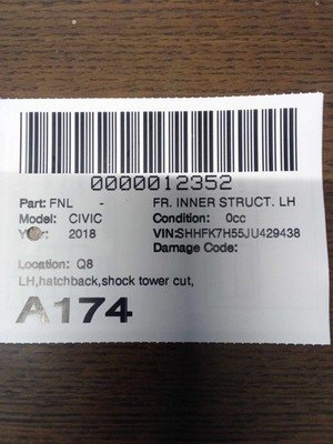 2016-2021 HONDA CIVIC Front Inner Structure OEM Hatchback Cut at Shock Tower OEM - Image 3