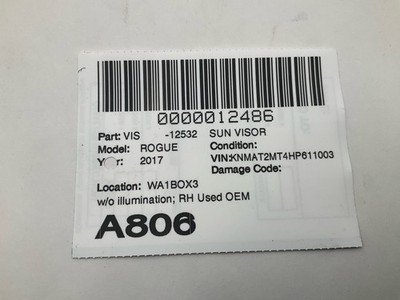 2017 ROGUE EXCEPT SPORT Sun Visor Right Passenger with Mirror & Illumination - Image 5