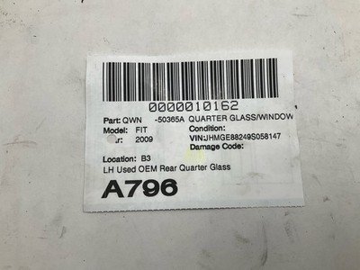 2009-2014 HONDA FIT Quarter Glass Window Left Rear Driver OEM 73551TF0E01 - Image 7