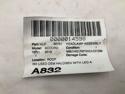 2016-2017 HONDA ACCORD Right Passenger Headlight Halogen w/ LED Accent LX Sedan - Image 8