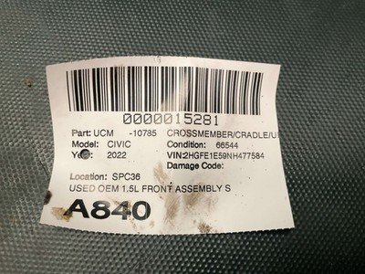 2022-2024 HONDA CIVIC Si 1.5L FWD Sedan Front Engine Cradle Crossmember 66k OEM - Image 5