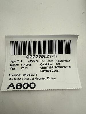 2015-2017 TOYOTA CAMRY Tail Light Assembly Right Passenger Side OEM LID Mounted - Image 9