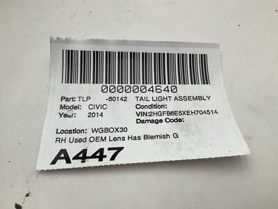 2013-2015 HONDA CIVIC Si Tail Light Assembly Right Quarter Panel Mounted OEM - Image 9