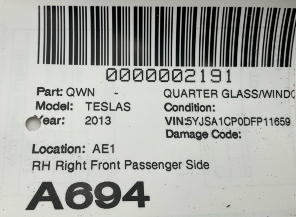 2013-2018 TESLA S Quarter Glass Window Right Passenger Front Side Door Window - Image 5