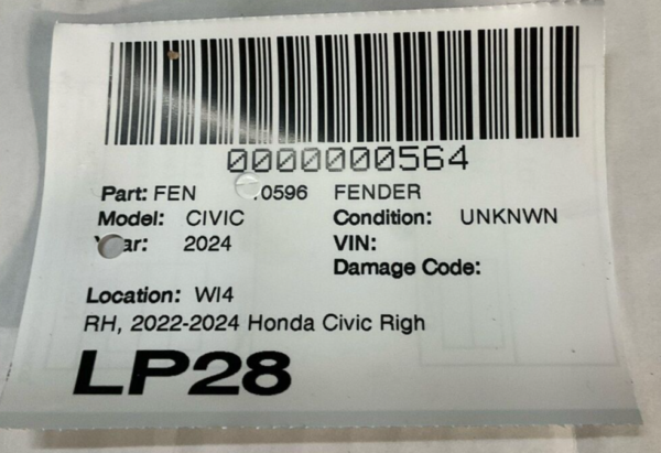 2022-2024 Honda Civic Right Passenger Fender OEM - Image 15