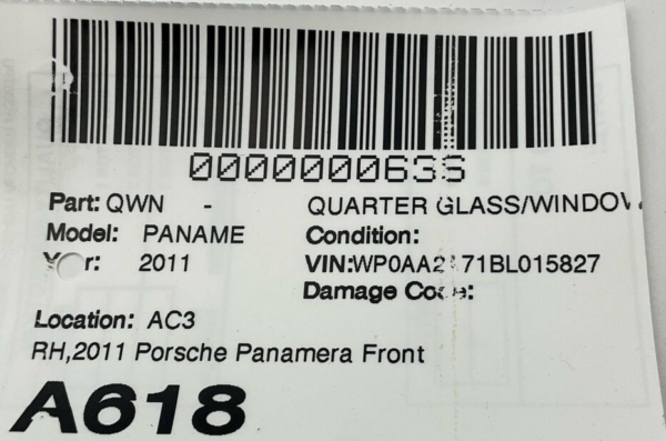 2011 Porsche Panamera Front Right Driver Side Quarter Glass OEM - Image 5