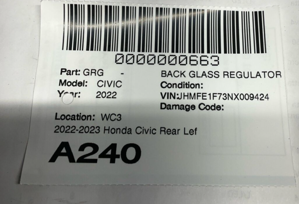 2022-2023 Honda Civic Rear Left Door Glass Regulator Oem - Image 6