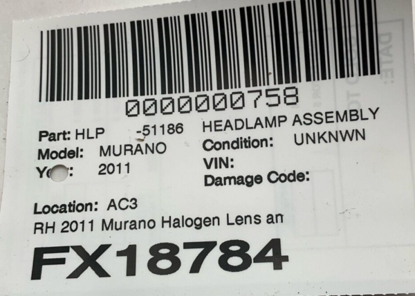 2011-2014 NISSAN MURANO Headlamp Assembly Right Passenger Side Halogen OEM - Image 5