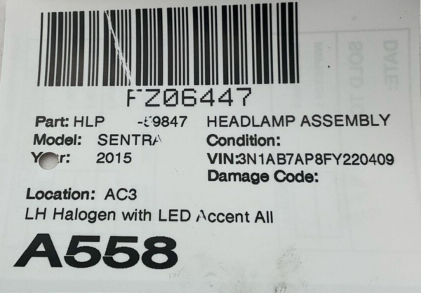 2013-2015 NISSAN SENTRA Headlamp Assembly Left Driver Side Halogen LEDAccent OEM - Image 5