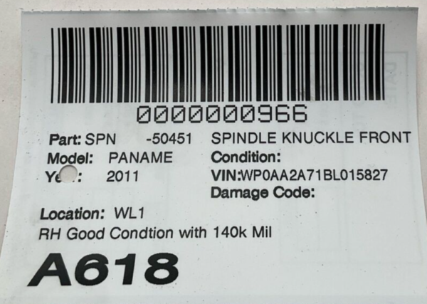 2010-2016 PORSCHE PANAMERA Spindle Knuckle Front Right Passenger Side 140k Miles - Image 2
