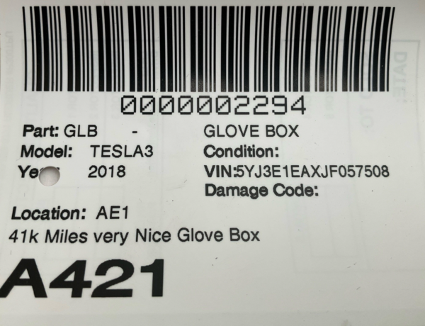 2015-2020 TESLA MODEL 3 Glove Box 44k Miles OEM 108333100A - Image 9