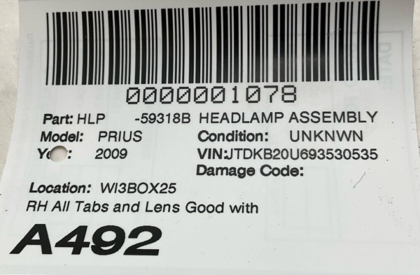 2004-2009 TOYOTA PRIUS Headlamp Assembly Right Passenger Side OEM - Image 6