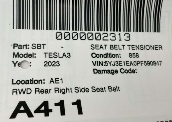 2018-2023 TESLA MODEL 3 Seat Belt Tensioner RWD Rear Right Side Seat Belt Buckle - Image 4