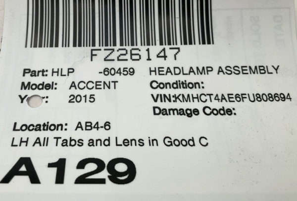 2015-2017 HYUNDAI ACCENT Headlamp Assembly Left Driver Side OEM - Image 9