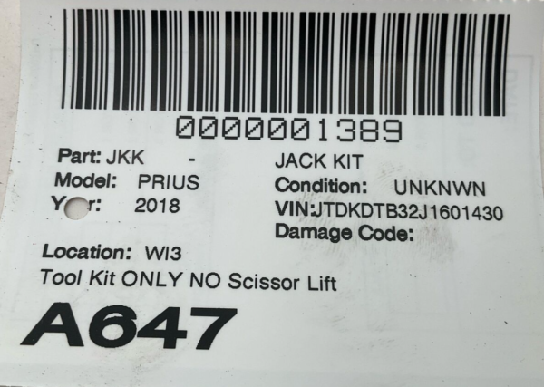 2017-2018 TOYOTA PRIUS Jack Kit Tools Only No Scissor Lift Included - Image 3