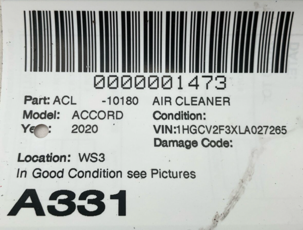 2018-2022 HONDA ACCORD Air Cleaner Box Used OEM 172016B2A00 - Image 8