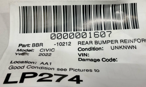 2022-2024 HONDA CIVIC Rear Bumper Reinforcement OEM - Image 2