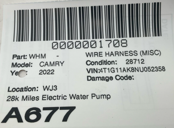 2018-2024 TOYOTA CAMRY Wire Harness Electric Water Pump OEM - Image 5