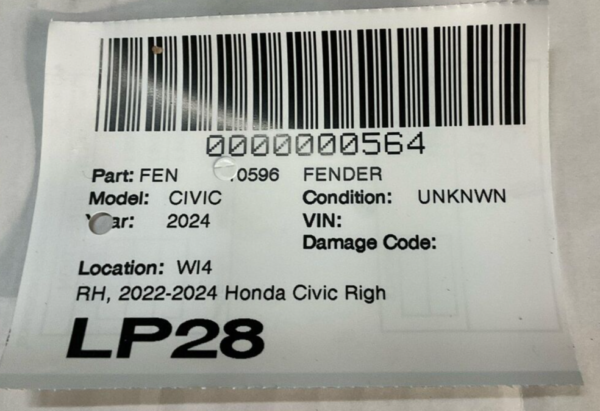 2022-2024 Honda Civic Right Passenger Fender OEM - Image 6