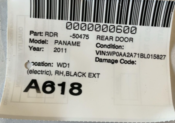 2010-2016 PORSCHE PANAMERA Right Passenger Rear Door (electric) RhBlack Ext - Image 2